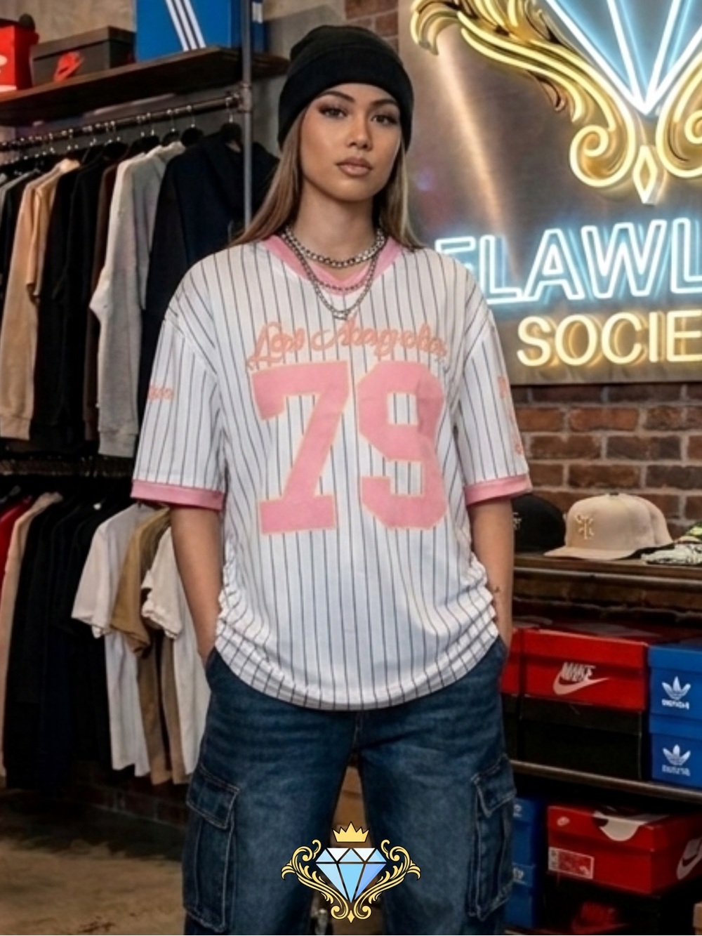 SHEIN Women’s Oversized Pinstripe Los Angeles 79 Baseball Jersey Top Size XL